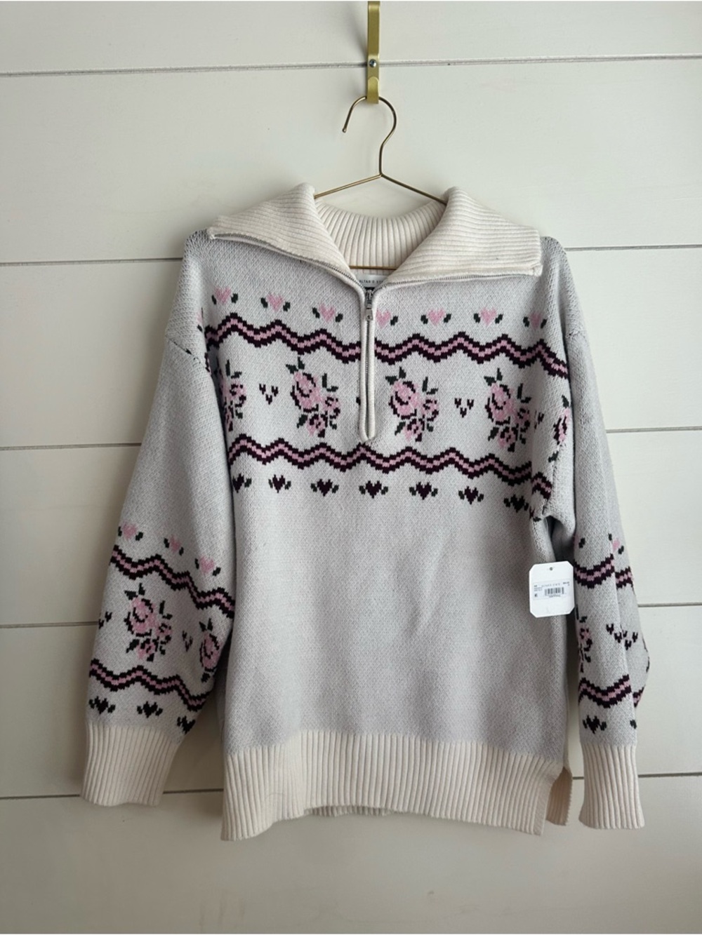 Altar'd State Cream Pullover with Pink Floral Fair Isle